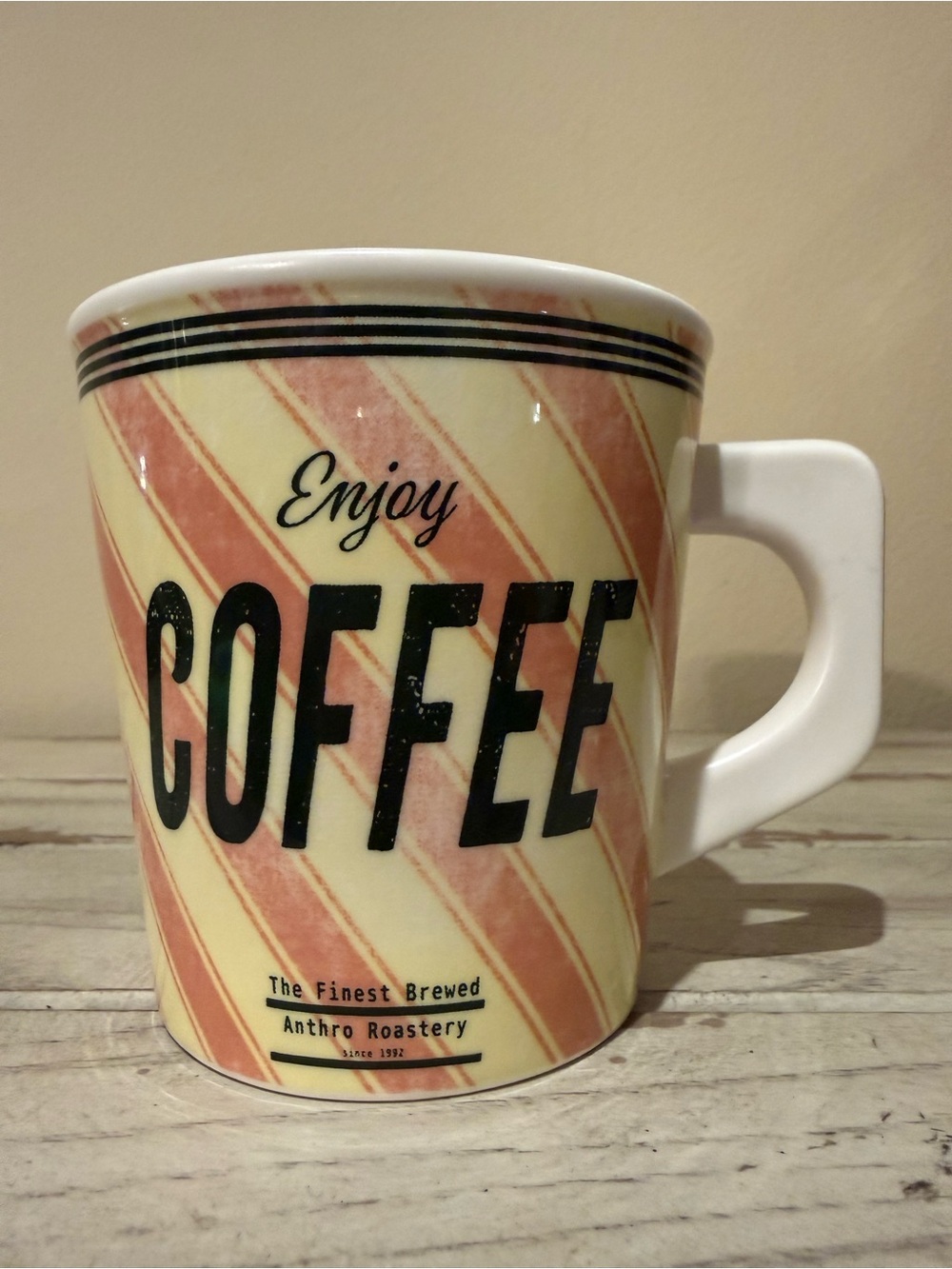 Anthropologie Anthro Roastery Enjoy Coffee Striped Ceramic Mug Peach Cream